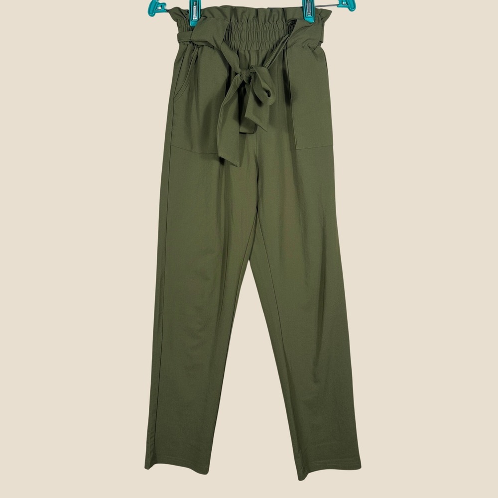 Grace Karin Paperbag Waist Pants Women XS Olive Green Excellent Tapered Belted